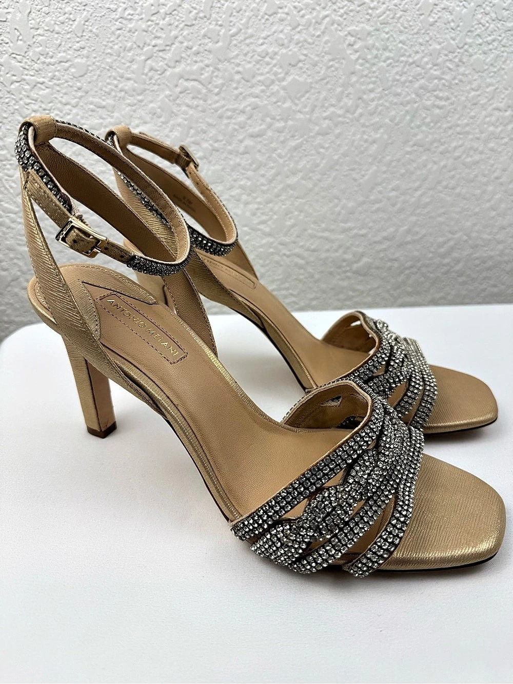 Antonio Melani | Gold Rhinestone Strappy Stiletto Dress Sandals | Size 9.5